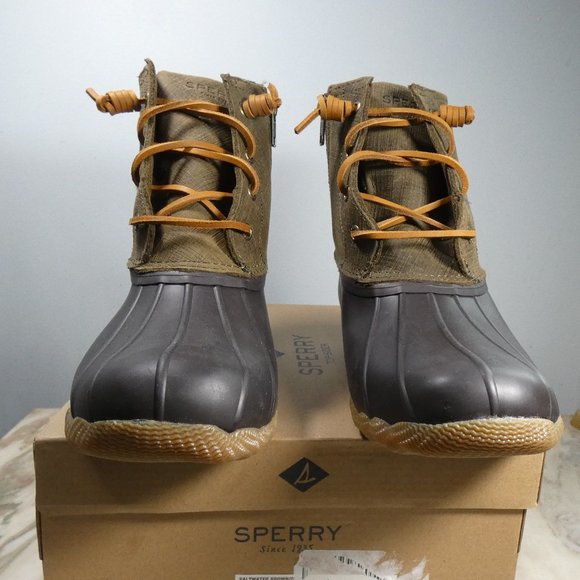 NiB Sperry Women's Ebossed Saltwater Boots, Brown/Olive, 9.5 - Picture 9 of 11